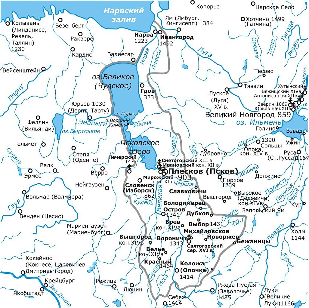 Карта Псковской земли в границах к 1462 году. Википедия.