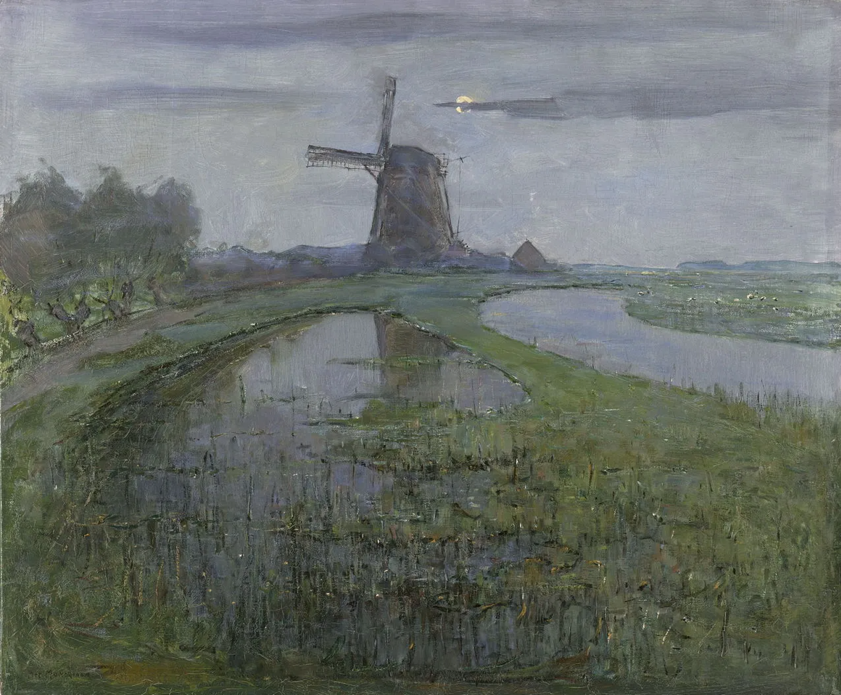 Piet Mondrian (1872–1944), Oostzijdse Mill on the River Gein by Moonlight (c 1903), oil on canvas, 63 x 75.4 cm, Rijksmuseum Amsterdam, Amsterdam, The Netherlands. Wikimedia Commons.