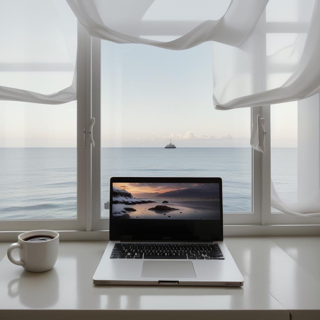 ПРОМТ: The laptop is red, thin and elegant, it is on the table, in the office, outside the window there is a seascape, on the laptop screen there is a screensaver with space, on the table there is a mug with coffee and a notebook, many colors, photos for advertising on a bright beautiful background, snow-white veiled curtains on the window, photorealistic, many details, glossy surfaces, a feeling of comfort and serenity