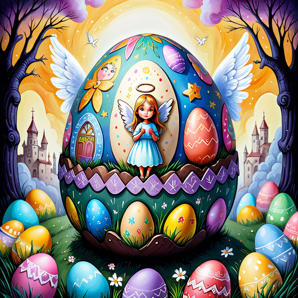 Открытки на Пасху. Пасхальные яйца и ангелы, пасхальные кролики, звезды. Детские пасхальные открытки