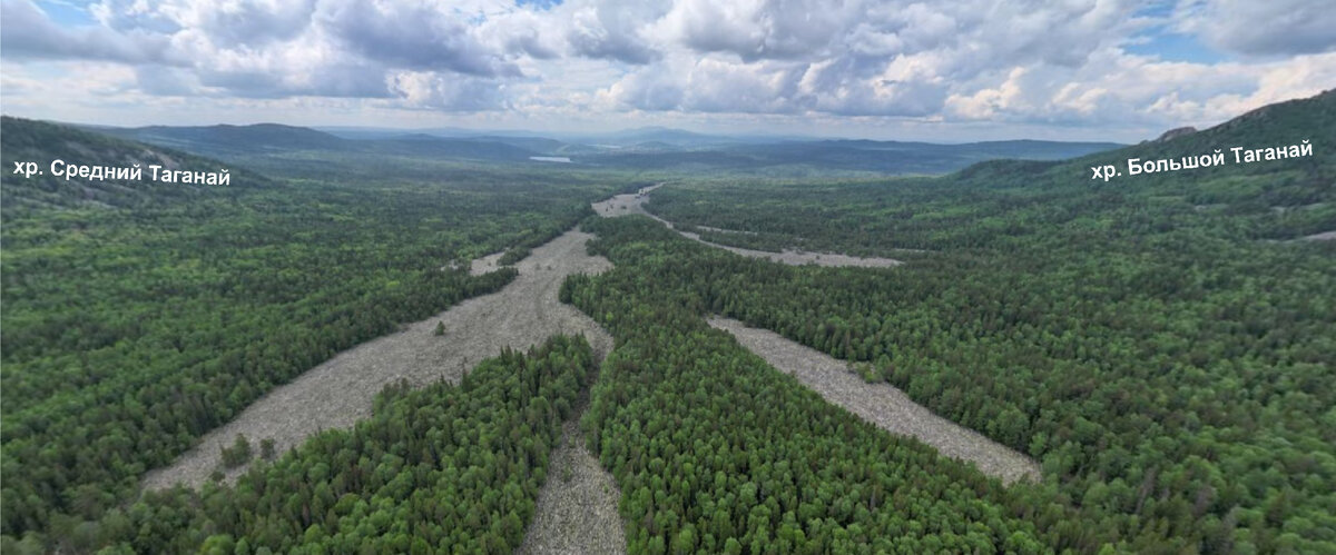 Рис. 1. Вид на каменную реку Таганай с квадракоптера. /Яндекс-панорама.
