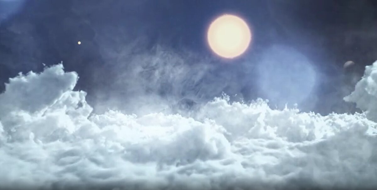 Кадр из анимации вида с поверхности недавно открытой планеты, похожей на Нептун.    
 Источник: Ed Bell for the Simons Foundation  📷
