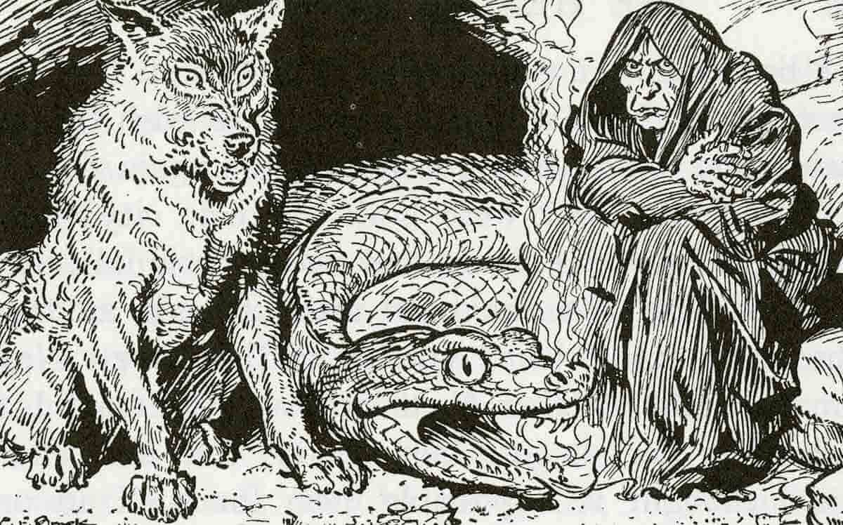 Нифльхейм, иллюстрация К.Э. Брока, показывающая детей Локи, из книги Энни Кири и Лизы Кири «Герои Асгарда: Сказки скандинавской мифологии», 1930 год, Источник: My Norse Digital Image Repository.