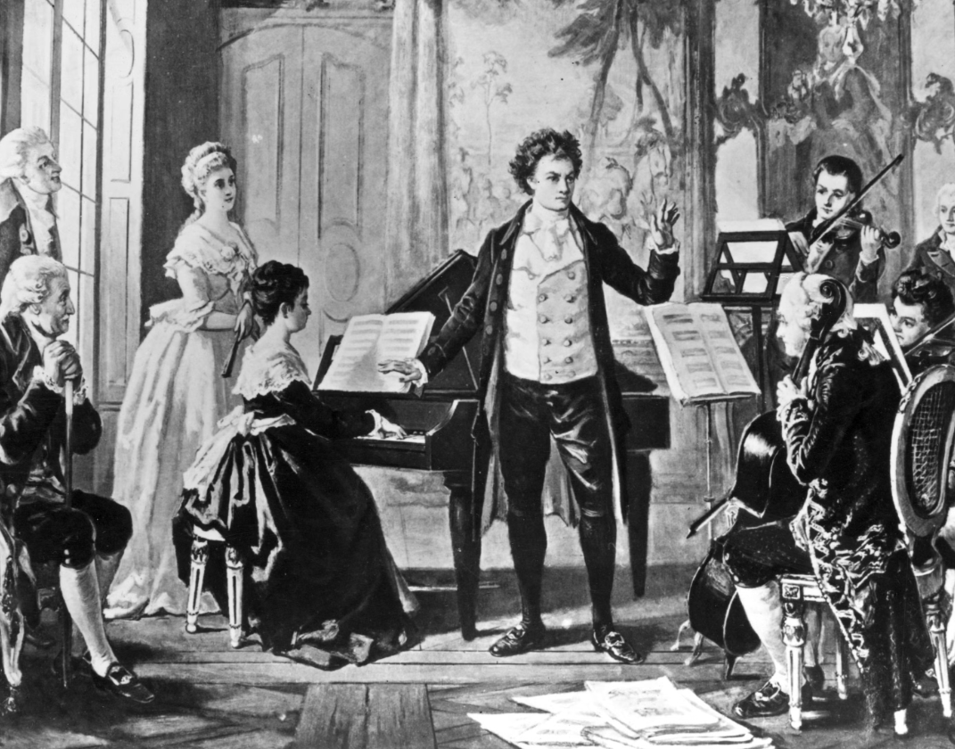 Композитор Людвиг ван Бетховен дирижирует струнным квартетом