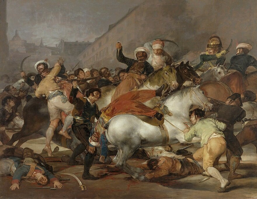 Вы знаете эту картину Гойя - она называется 3 мая 1808 года. На ней изображен расстрел повстанцев французами. Народ выступил против захвата Мадрида французскими войсками.-2