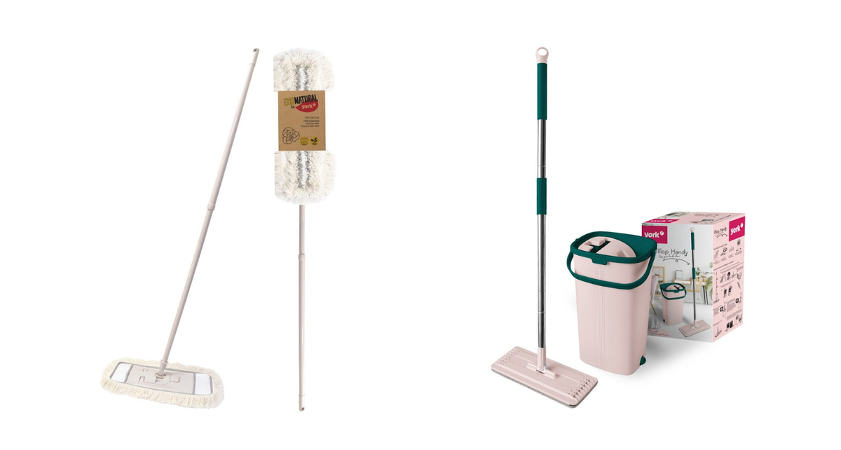Слева — качественная бюджетная швабра из экологичных материалов, справа — премиум-набор с ведром для автоматического отжима 