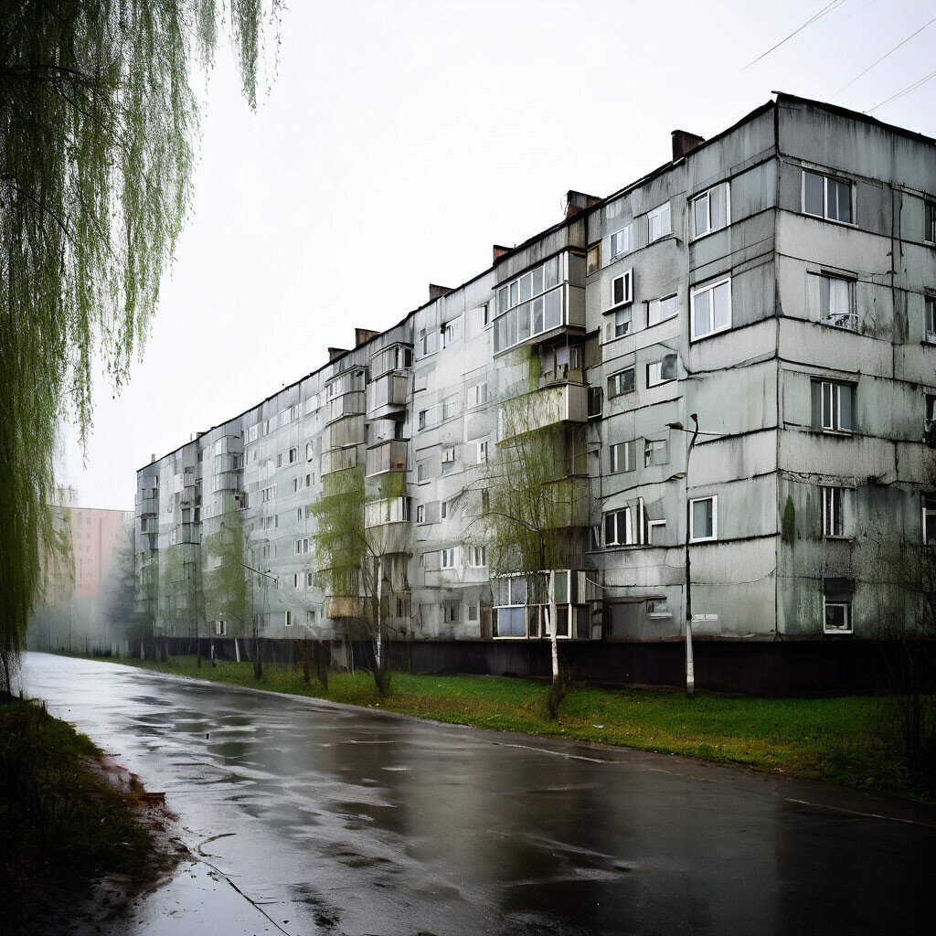 уютный жилой спальный район, пятиэтажные белые панельные дома серии 1-464 советской эпохи 
косой ливень!! во второй степени, темные тучи

весна, зелень, 50 оттенков серого, грязь ретро, фото из старого альбома, акварель, брызги
v.1.3
