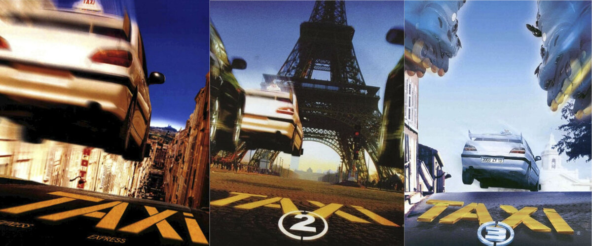 Постеры к фильмам "Такси"; "Такси 2"; "Такси 3"