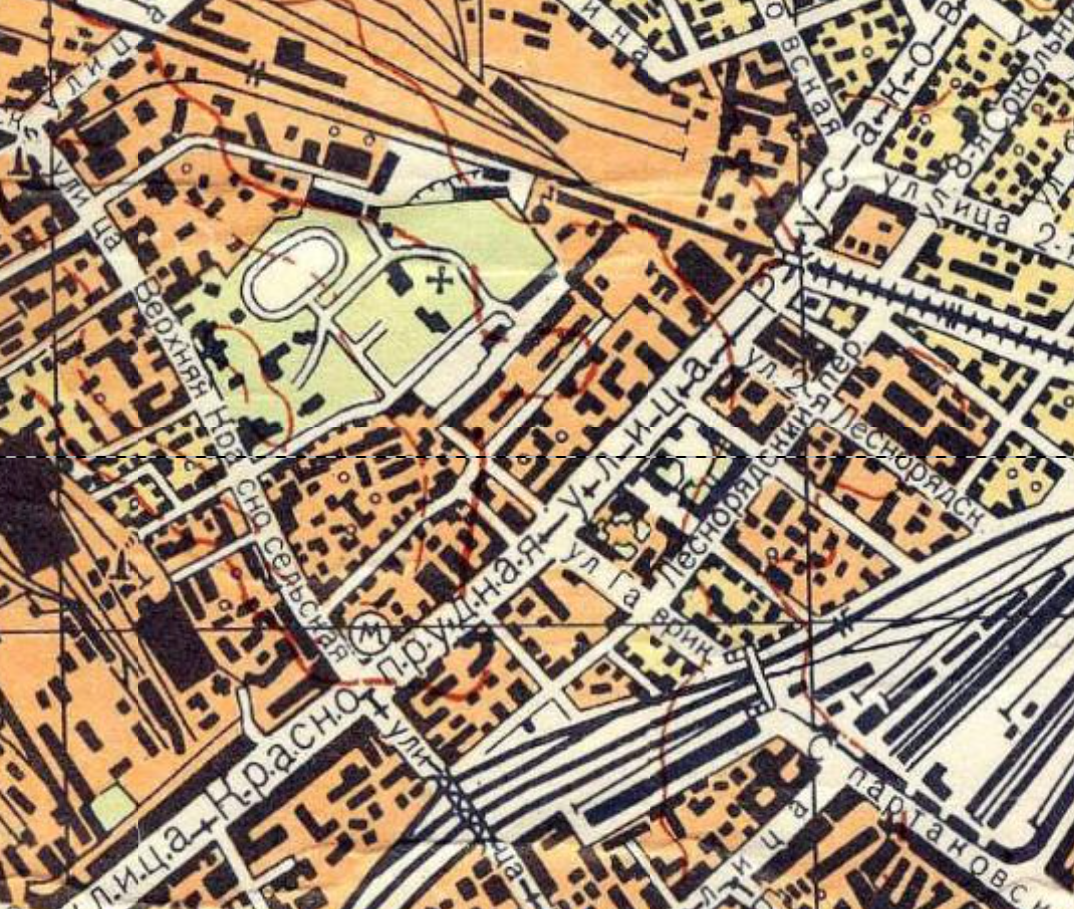 Карта местности в 1968 году. Эстакада прошла позже там, где улица Гаврикова. С сайта www.retromap.ru.