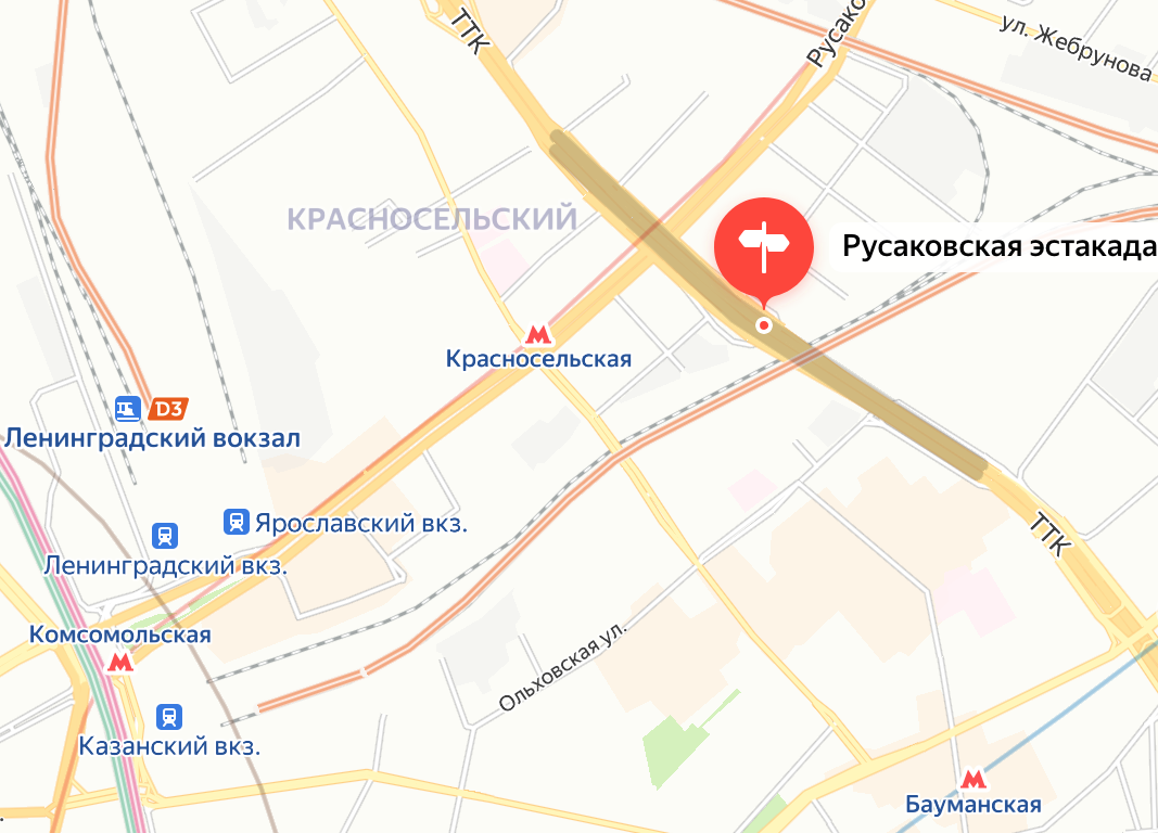 Границы Русаковской эстакады на современной карте Москвы. Яндекс.Карты.
