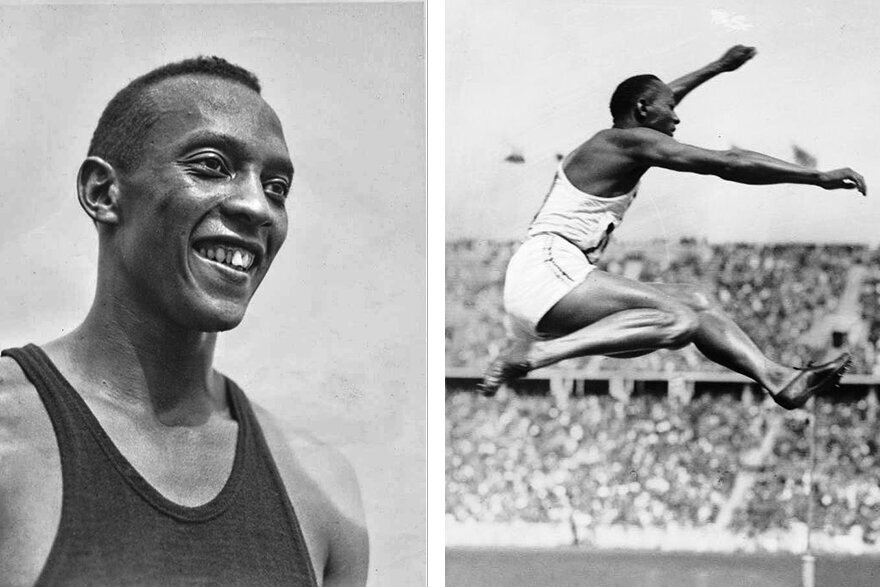 Джесси Оуэнс на берлинской Олимпиаде, 1936 год. Фото: 1. Acme News Photos, Public domain, Wikimedia Commons, 2. Bundesarchiv, Bild 183-R96374 / CC-BY-SA 3.0