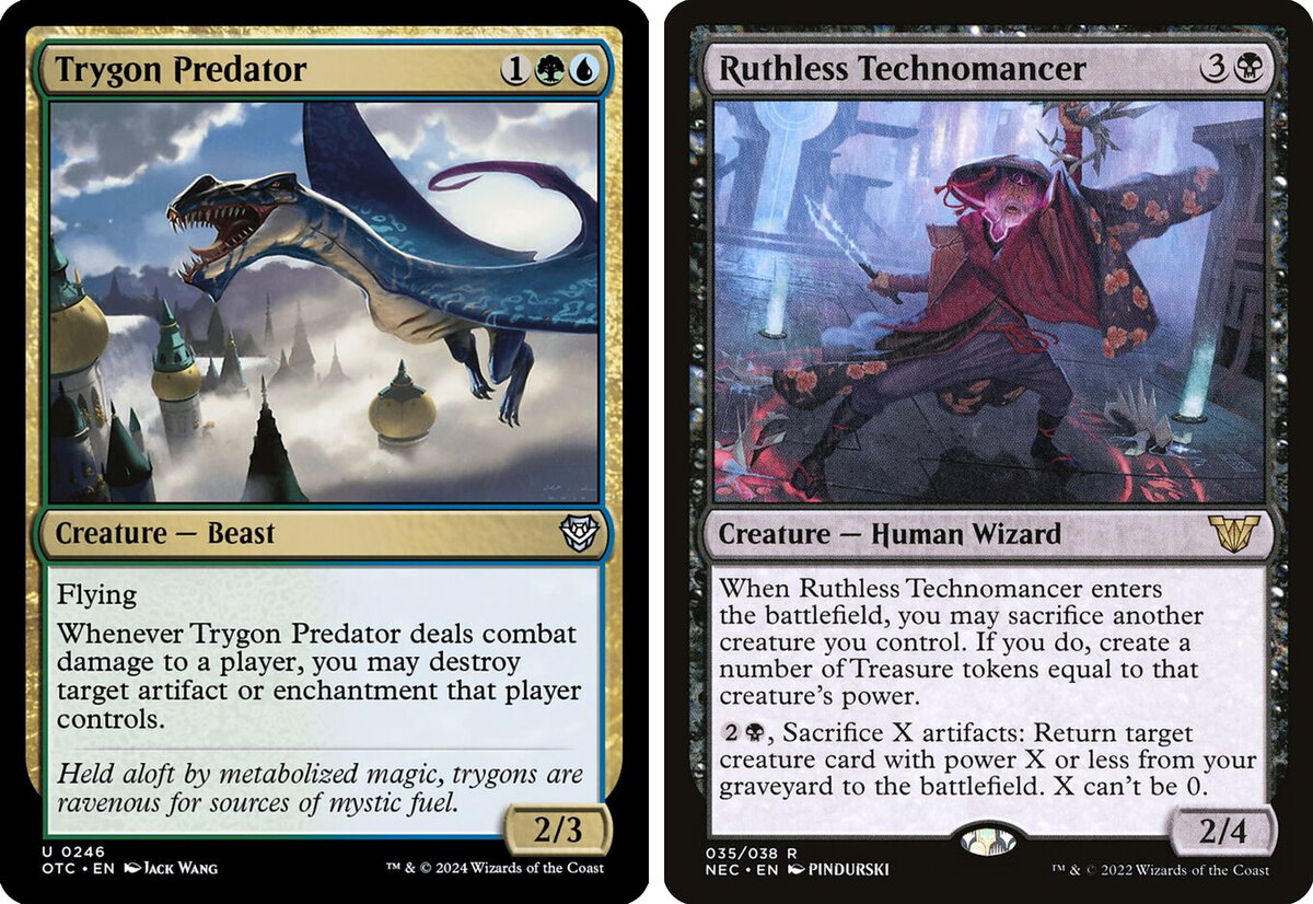 При помещении триггера Trygon Predator в стек вы обязаны выбрать целевой артефакт или чары, а вот уничтожать их или нет, вы решите на разрешении триггера.
У триггера Ruthless Technomancer нет целей, но всё равно вы будете выбирать, жертвовать другое существо или нет, только на разрешении. 
