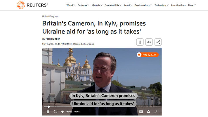 АГЕНТСТВО REUTERS ВНОВЬ ОПУБЛИКОВАЛО ИНТЕРВЬЮ С  ДЭВИДОМ КЭМЕРОНОМ, В КОТОРОМ ТОТ УТВЕРЖДАЛ, ЧТО У УКРАИНЫ ЕСТЬ ПРАВО НАНОСИТЬ УДАРЫ БРИТАНСКИМ ОРУЖИЕМ ПО ЦЕЛЯМ ВНУТРИ РОССИИ. СКРИНШОТ REUTERS
