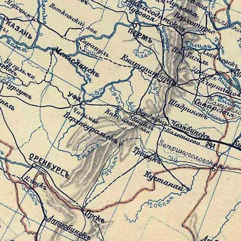 Фрагмент карты Министерства путей сообщений Российской империи, 1916 г. Действующие и строящиеся железные дороги