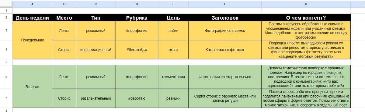 Пример контент-календаря