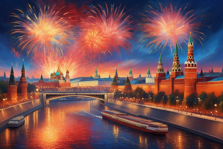 Пример праздничного салюта в День Победы 9 мая