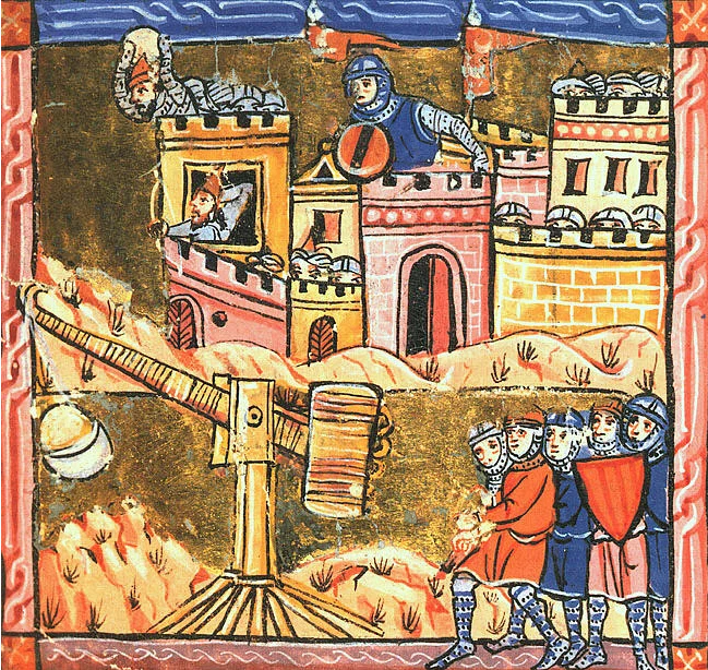 Средневековая рукопись (ок. 1280 г. н.э.), изображающая осаду Акры в 1189-91 гг. н.э. во время Третьего крестового похода. (Муниципальная библиотека Лиона, Франция)