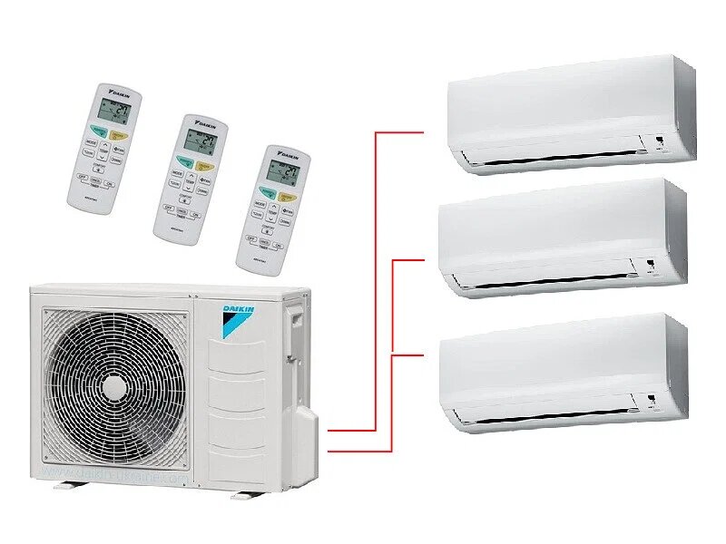 

Конструкция  комнатных блоков этого типа климатического оборудования фактически не  отличаются от модулей обычного кондиционера. Наиболее распространенным  их типом являются настенные. Также могут устанавливаться канальные,  кассетные, потолочные, колонные типы.

Существенно отличается  внешний агрегат мульти сплит-системы. Прежде всего, он имеет более  значительную производительность. Необходимая мощность его рассчитывается  по достаточно сложной формуле. Однако общее правило предусматривает,  что производительность наружного модуля должна быть соответствовать  хладопроизводительности всех подключенных к нему внутренних модулей.

Кроме  этого, наружный  агрегат мультисплит-системы отличается более сложной  конструкцией. Он имеет несколько магистралей для циркуляции фреона и  портов для подключения. В большинстве случаев предусматривается от 2 до 6  портов. Также выпускают модели наборных мульти сплит-систем, которые  могут иметь до 16 портов. Это позволяет подключать нужное пользователю  число внутренних кондиционеров.