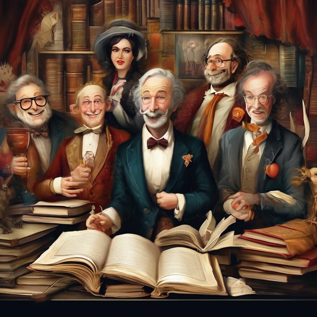 Картинка «Литературные легенды смеются над современностью» сгенерирована автором с помощью приложения «Шедеврум».