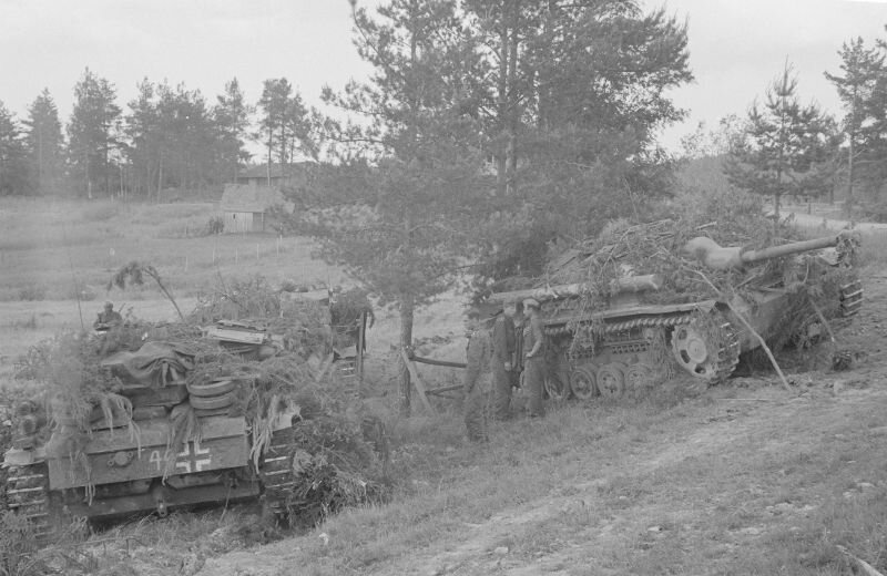 Замаскированные немецкие штурмовые орудия StuG III 303-й бригады штурмовых орудий (StuG-Brig. 303) на северной окраине города Выборг.
