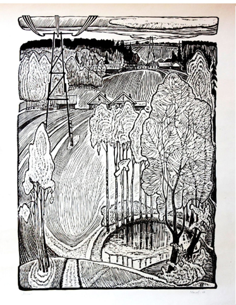 В.Н.Соловьёв. Левая часть триптиха "Край мой Смоленский". Над Днепром. 1969. Бумага, линогравюра. Весна. 64.8x49.2. Смоленский государственный музей-заповедник. 