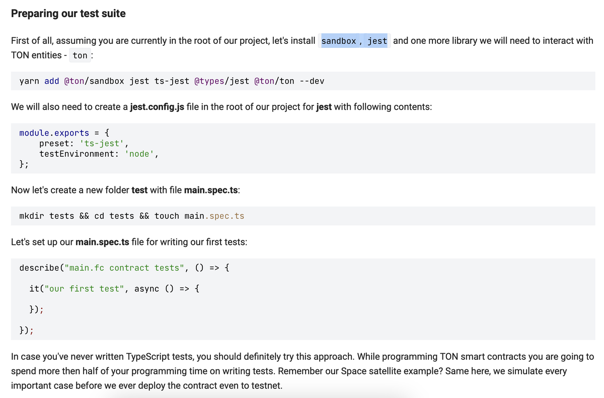 Если вы никогда не писали тесты TypeScript, вам обязательно стоит попробовать этот подход. При программировании смарт-контрактов TON вы потратите более половины своего времени на программирование на написание тестов. Помните наш пример космического спутника? То же самое здесь, мы моделируем каждый важный случай, прежде чем развернуть контракт даже в тестовой сети.