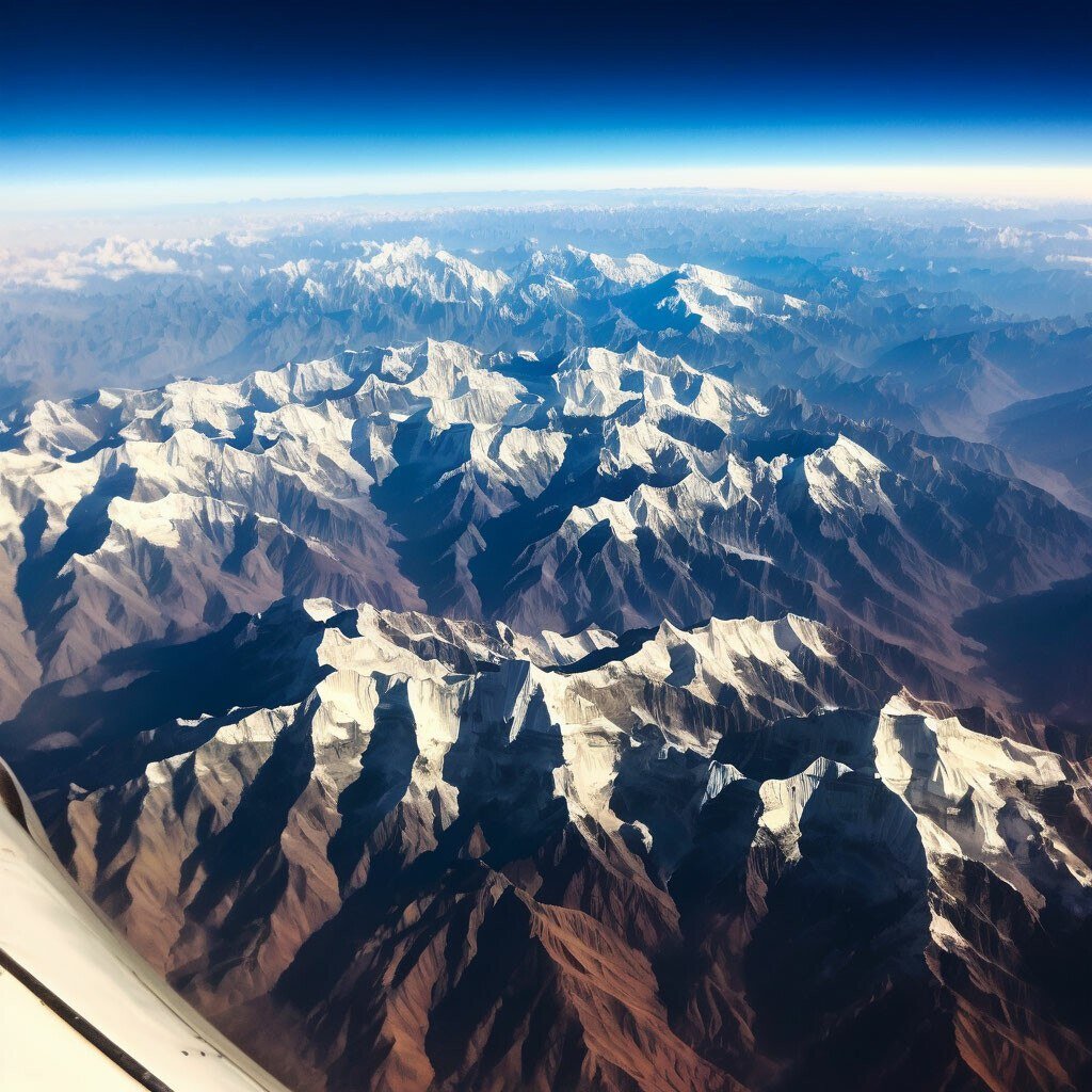 Гималаи из иллюминатора самолета (рисунок создан с помощью ИИ)