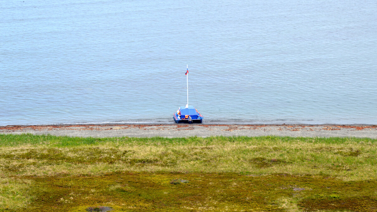 Тримаран у берега под маяком