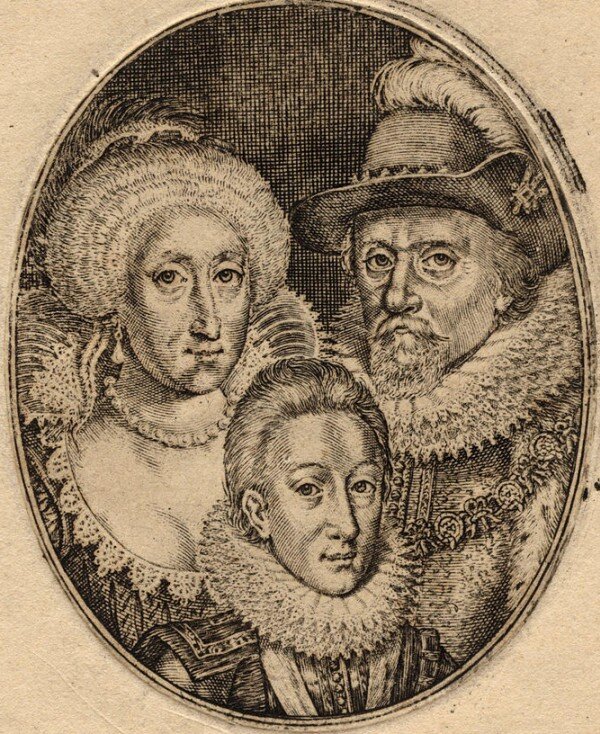 Принц Карл с родителями королевой Анной и королем Яковом I. Гравюра, 1612 год.