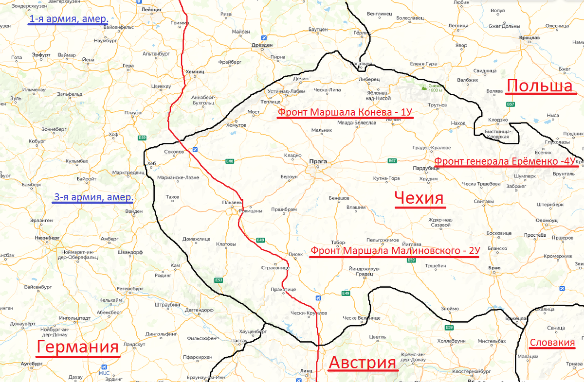 Линия соприкосновения в Чехословакии (красным цветом, чёрным показаны современные границы.