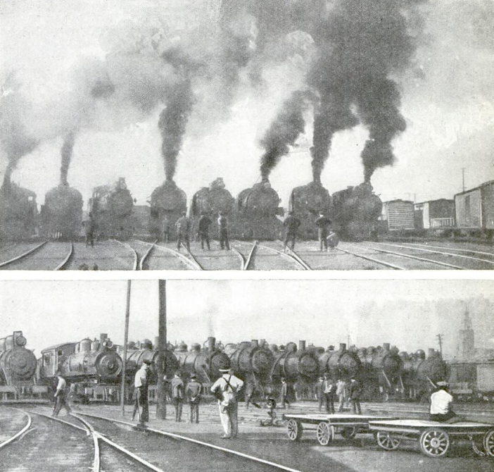 Вероятно, впервые в истории железнодорожного транспорта были сделаны два таких снимка, на первом изображены паровозы, извергающие из своих труб густые клубы дыма, а на втором, они же, но после...