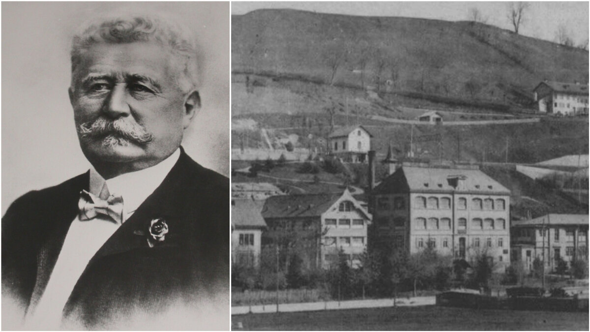 Жорж Фавр-Жако и вид на мануфактуру в 1890 году. Фото из открытых источников. 