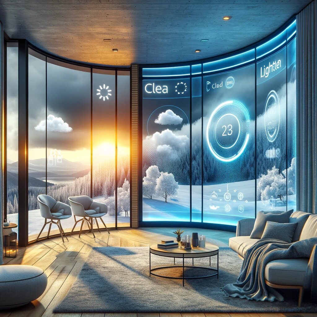 Дом с умными окнами дополненной реальности, которые автоматически регулируют свою прозрачность в зависимости от погоды на улице. 