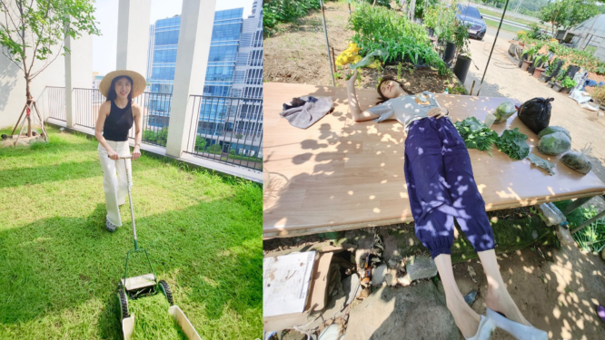 Ха Чжи Вон косит траву в офисе и помогает тете с уборкой урожая)))