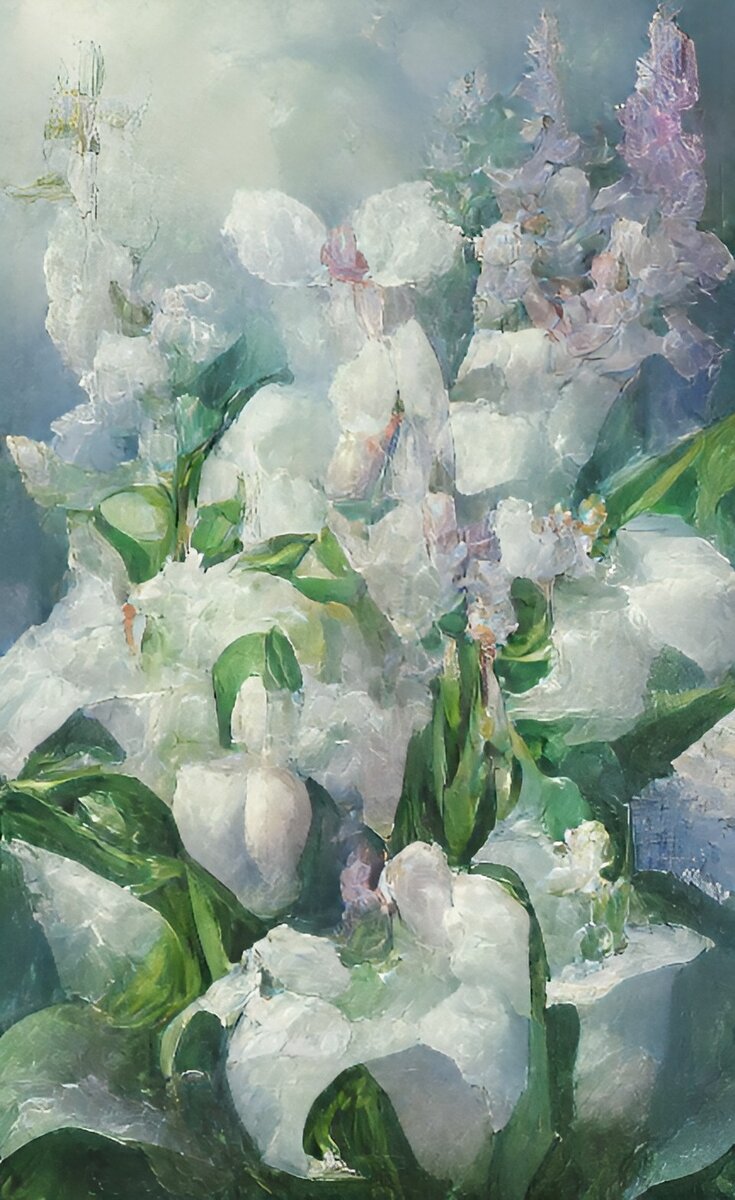 Белые цветы. Иллюстрация создана с помощью нейросети DreamAI.