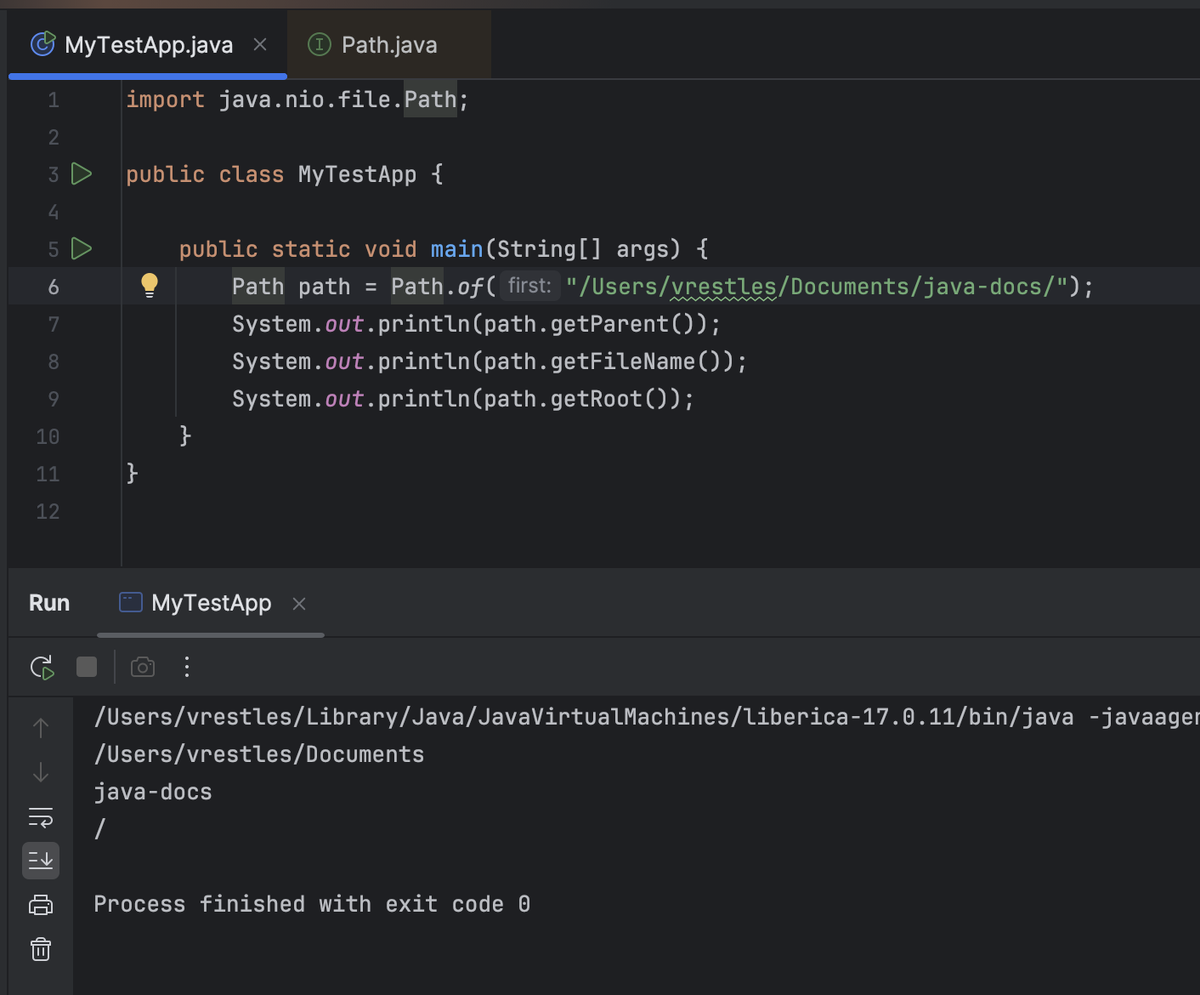 Примеры исполнения методов интерфейса Path