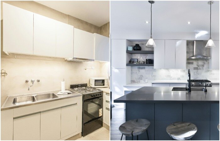 Кухонная мебель без ручек смотрится эффектно и интересно 