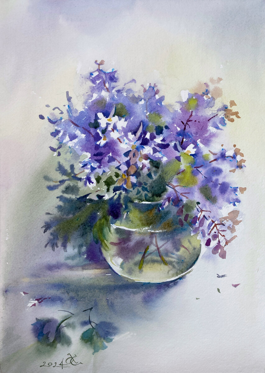 Хохлатка. А4. Если быть честной до конца, тут ещё добавлена розово-фиолетовая PV32. Бумага Малевичъ, хлопок.