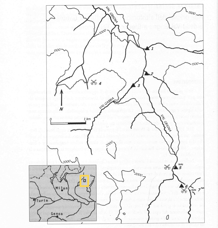 Точка 3 - Валь Габбиа, место раскопок, 5 - шахта Пьяццалунга. По Кучини и Тиццоне, 2006 