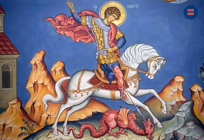 Георгий на белом коне поражает копьем змия