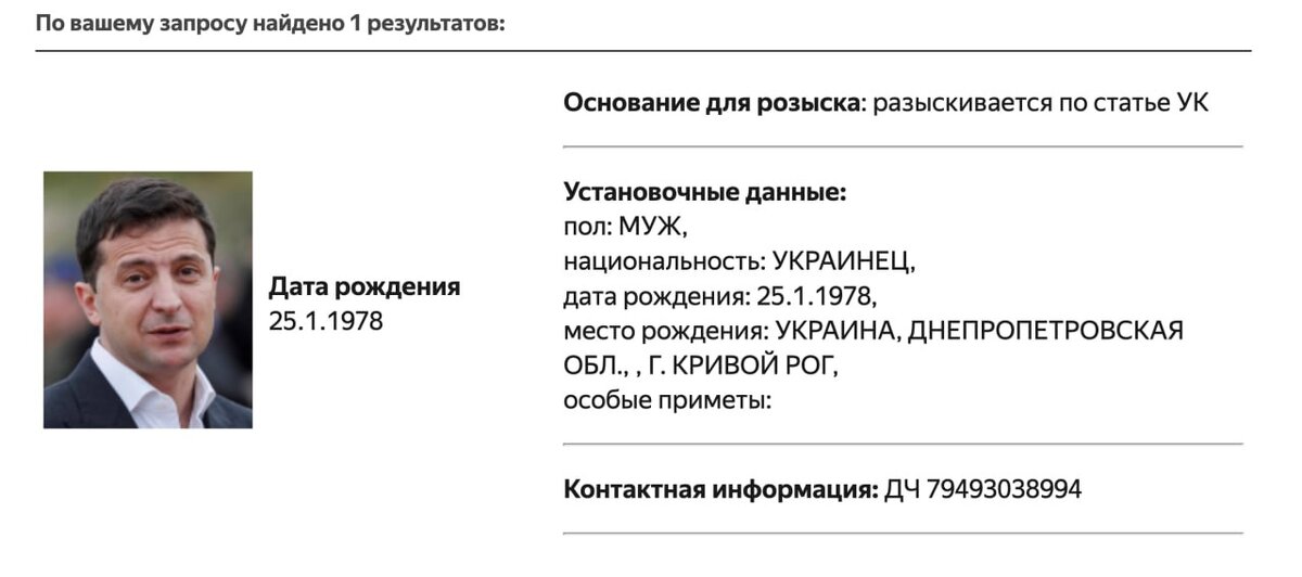 Тихая такая, почти домашняя новость. В прошедшую субботу МВД России объявило в розыск пана Зеленского, выложив уморительную фотокарточку «уроженца Кривого Рога».