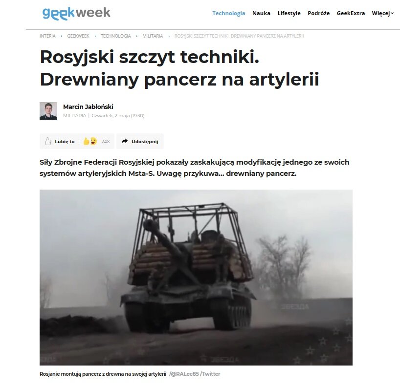 Скриншот статьи "Российская вершина технологий. Деревянные доспехи на артиллерию" на страницы польской интернет-газеты Interia. Источник: https://geekweek.interia.pl/militaria/news-rosyjski-szczyt-techniki-drewniany-pancerz-na-artylerii,nId,7486978
