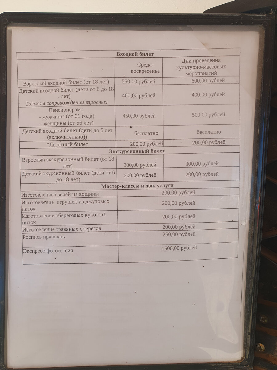 Прайс на входные билеты