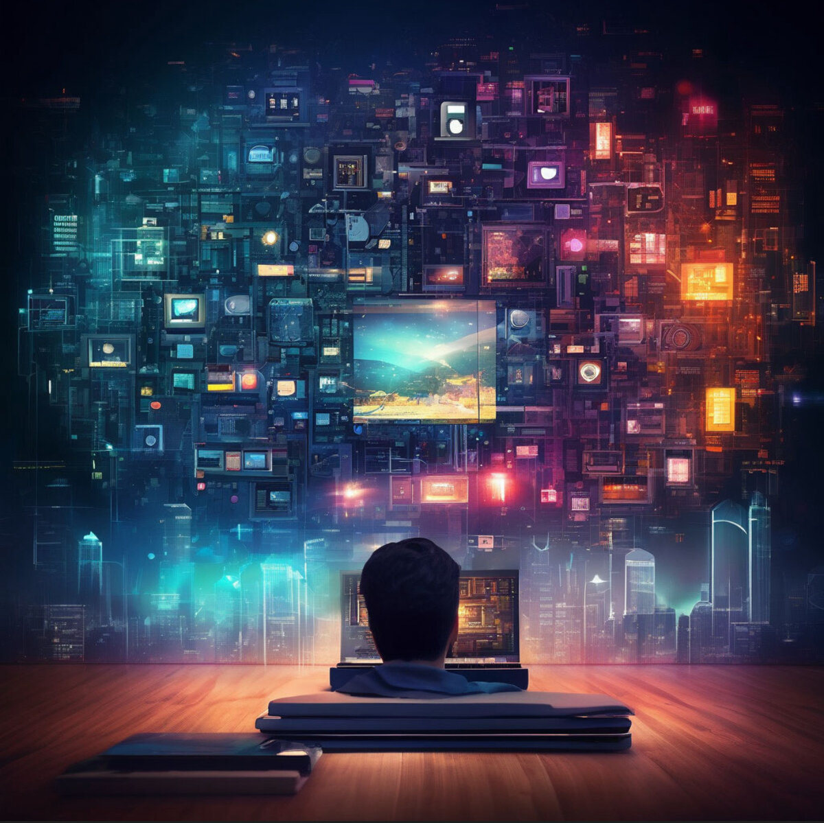 Соцсети и ИИ следят за нами. Картинка Шедеврума