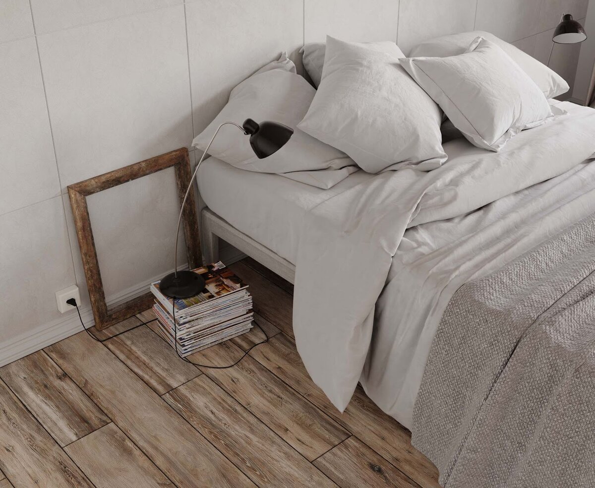 Легкий, но уютный дизайн спальни. Керамогранит из коллекции Brigantina от ™ Estima