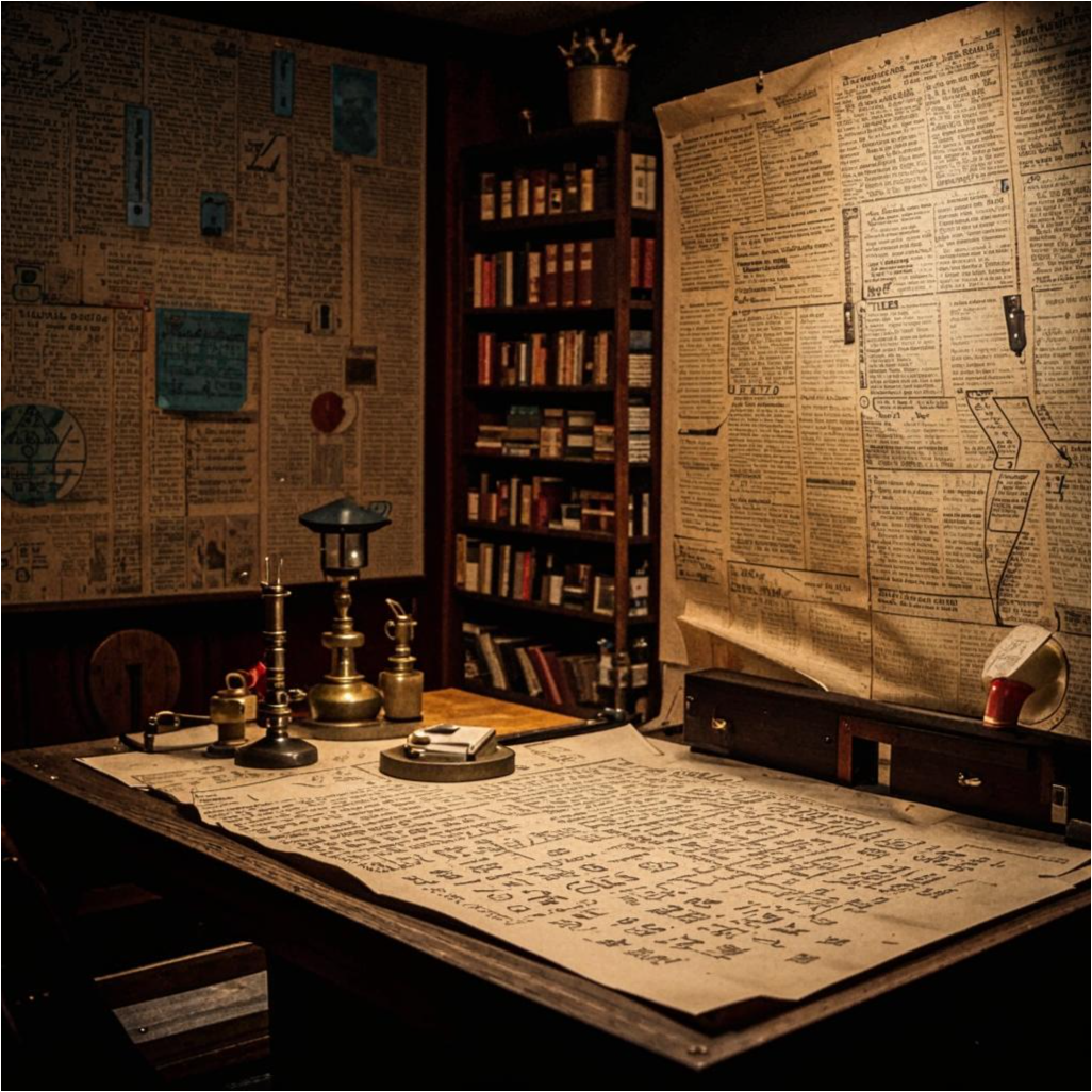 На столе лежат свитки с  расчетами, реторты, весы, а на стене начертаны причудливые числовые коды и формулы.