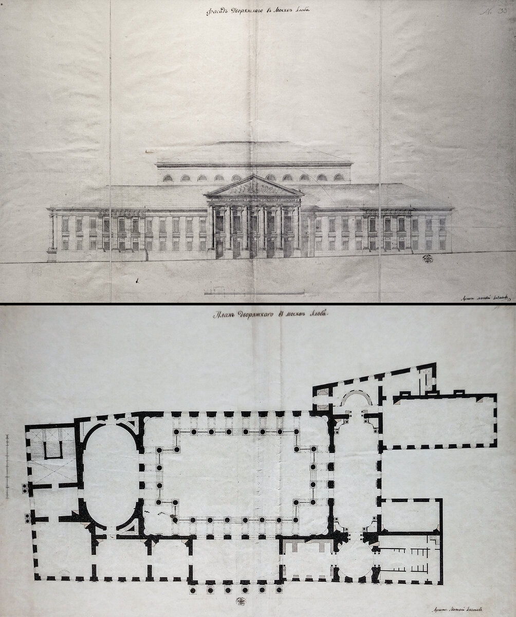 М. Ф. Казаков. Дворянский клуб на Дмитровке. Фасад по Дмитровке и план. Проектный чертёж 1784. РГВИА. Опубликовано: Матвей Казаков и допожарная Москва / авт.-сост.: З. В. Золотницкая, Т. В. Иванова. — М.: Кучково поле Музеон, 2019.