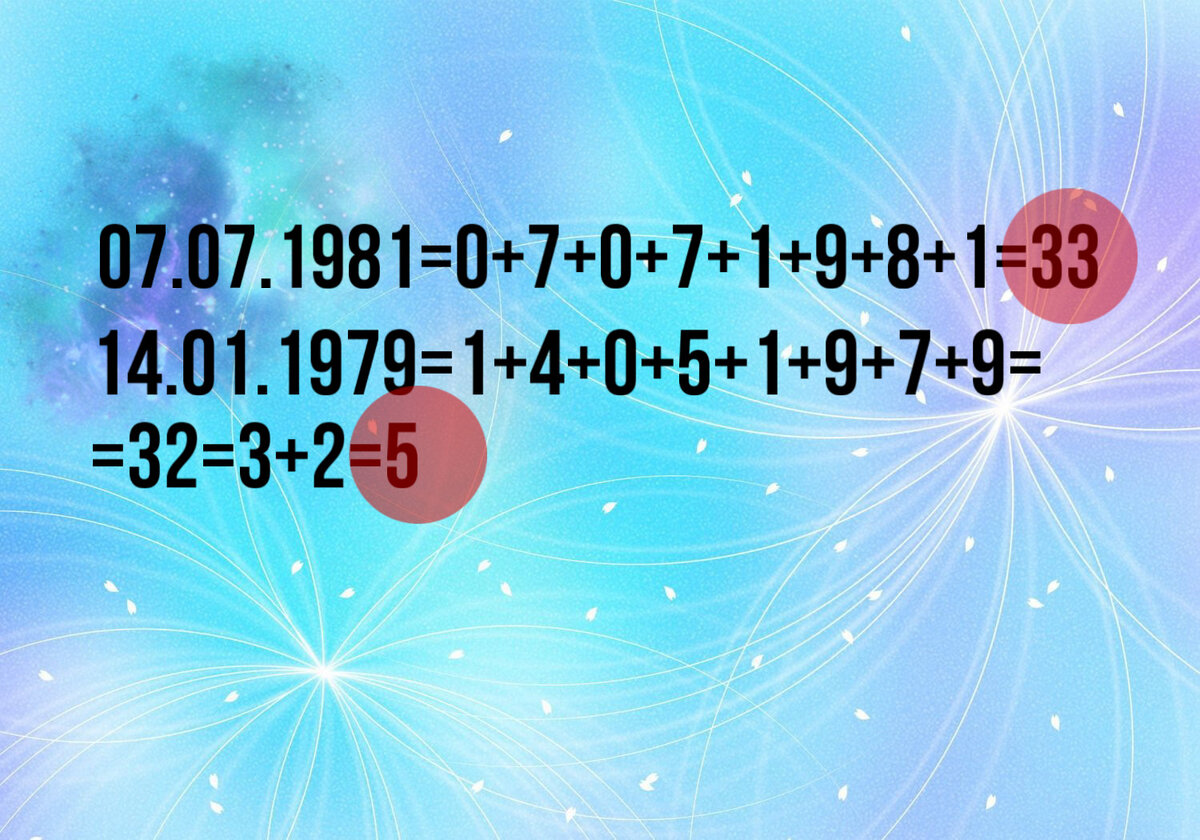 Полученное двузначное число сложите до однозначного (от 1 до 9). Если при вычислении присутствуют промежуточные цифры - 11 и 22, 33, 44 то это хороший знак (сильные числа)!