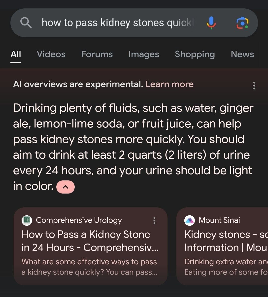 «Google» добавил AI в мед. тематику и тот теперь сразу над экспертными статьями. Всё хорошо, но только он, например, советует пить два литра мочи каждые 24 часа, чтобы избавиться от камней в почках.