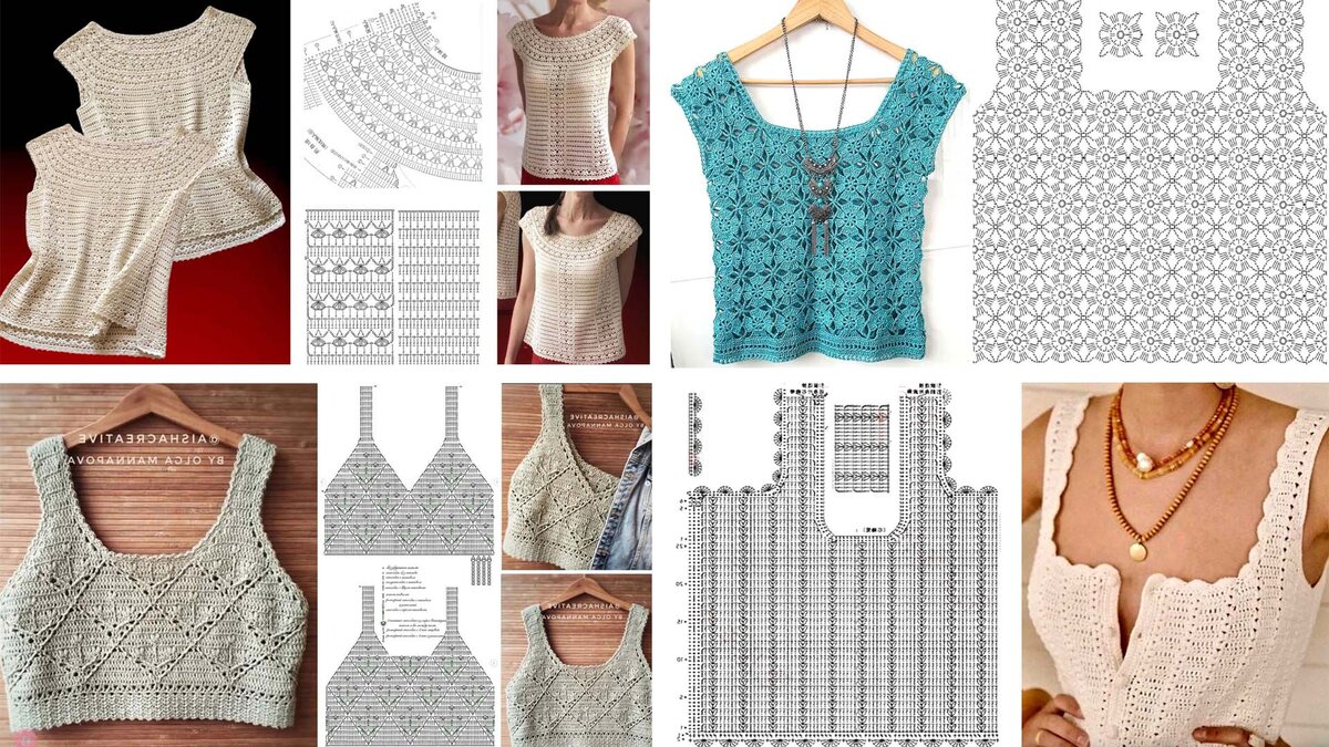 Подборка женских летних топ-маечек, связанных крючком из тонкой пряжи.